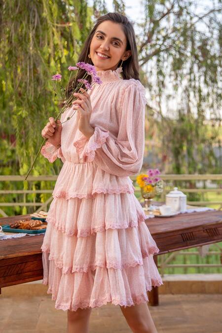 B'Infinite_Pink Chiffon Floral Pattern High Neck Tiered Dress_at_Aza_Fashions