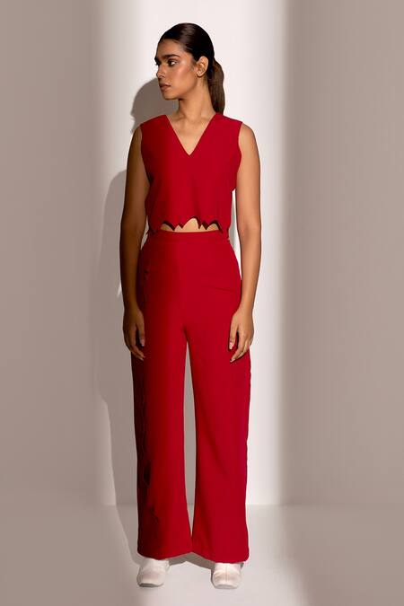 Shop Kritika Madan Label Red Banana Crepe Plain Jacket Shawl Collar Full Sleeve Coat And Pant Set Online at Aza Fashions Shop_Kritika Madan Label_Red Banana Crepe Plain Jacket Shawl Collar Full Sleeve Coat And Pant Set_Online_at_Aza_Fashions