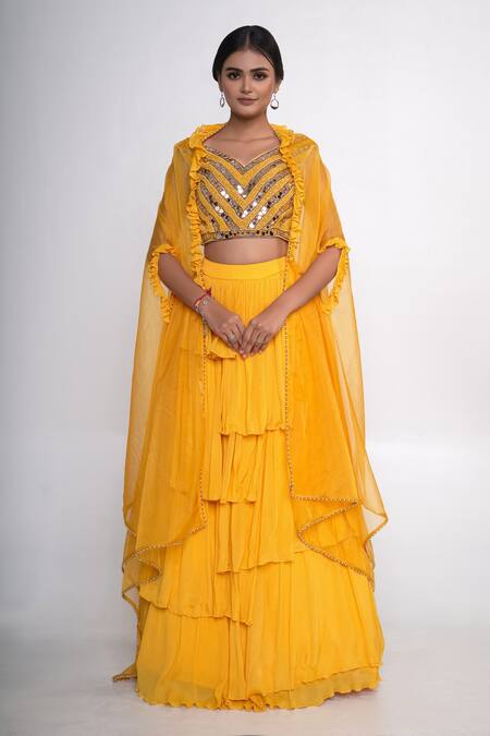 Merge Design_Yellow Net, Chiffon, Organza Embroidery, Mirrors Flared Lehenga Set With Shrug _Online_at_Aza_Fashions