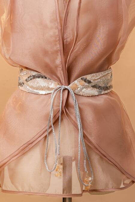 Shop_Mehraki_Beige Sequin Wave Embroidered Belt _Online_at_Aza_Fashions
