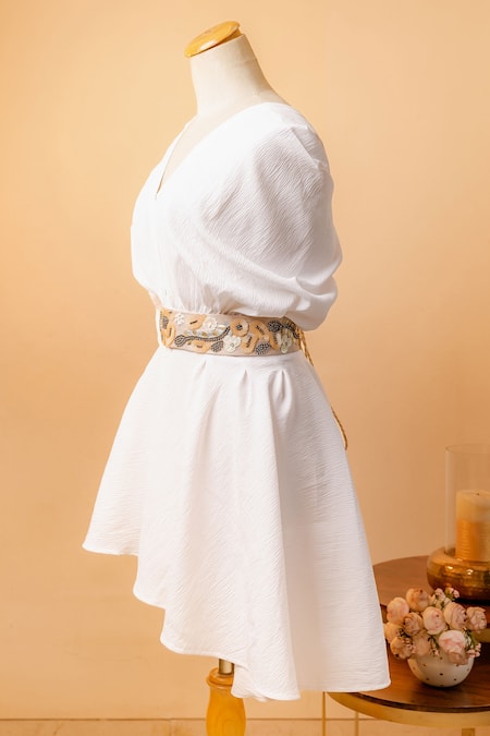 Mehraki_Beige Sequin Flower Embellished Belt _Online_at_Aza_Fashions