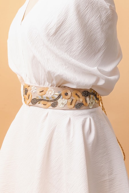 Buy_Mehraki_Beige Sequin Flower Embellished Belt _Online_at_Aza_Fashions