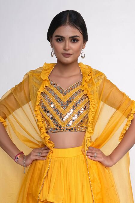 Buy_Merge Design_Yellow Net, Chiffon, Organza Embroidery, Mirrors Flared Lehenga Set With Shrug _Online_at_Aza_Fashions