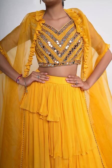 Shop_Merge Design_Yellow Net, Chiffon, Organza Embroidery, Mirrors Flared Lehenga Set With Shrug _Online_at_Aza_Fashions