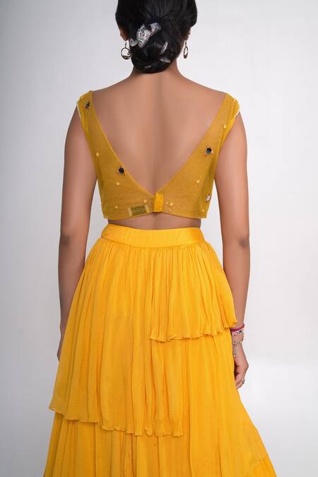 Merge Design_Yellow Net, Chiffon, Organza Embroidery, Mirrors Flared Lehenga Set With Shrug _at_Aza_Fashions