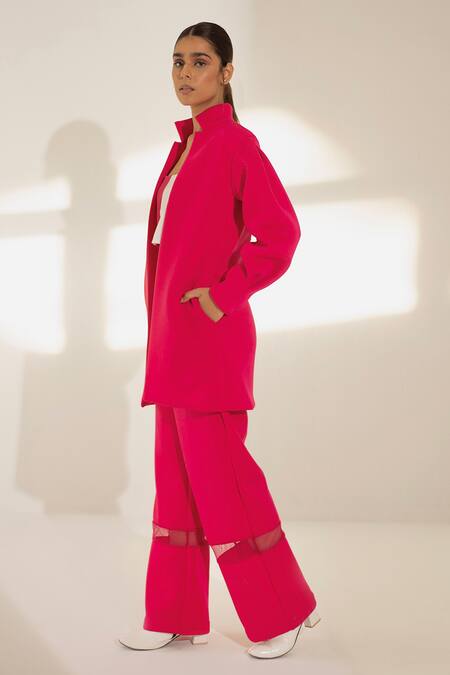 Kritika Madan Label_Pink Neoprene Plain Coat High Neck And Mesh Pant Set_Online_at_Aza_Fashions