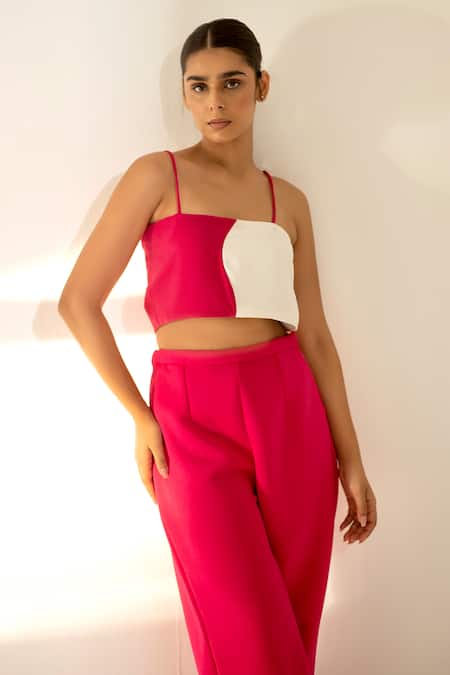 Buy_Kritika Madan Label_Pink Neoprene Plain Coat High Neck And Mesh Pant Set_Online_at_Aza_Fashions
