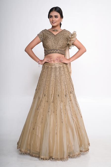 Merge Design_Gold Organza, Chiffon, Crepe Sequins, Zari, Beads V-neck Embroidered Lehenga Set _Online_at_Aza_Fashions