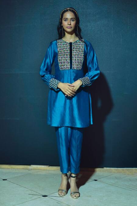 Shinor_Blue Silk Mirrors, Embroidery, Pearls Round Neck Mirrorwork Yoke Top And Pant Set _Online_at_Aza_Fashions