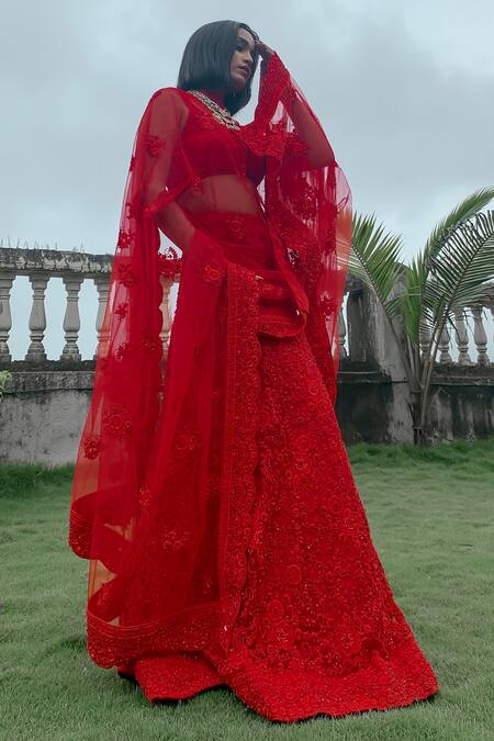 Buy_House of Exotique_Red Georgette, Net Embroidery Round Neck Floral Chikankari Lehenga Set _Online_at_Aza_Fashions