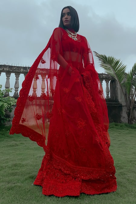 Shop_House of Exotique_Red Georgette, Net Embroidery Round Neck Floral Chikankari Lehenga Set _Online_at_Aza_Fashions