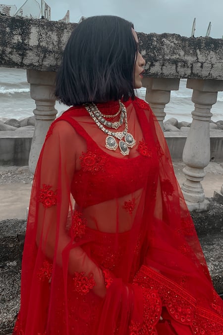 House of Exotique_Red Georgette, Net Embroidery Round Neck Floral Chikankari Lehenga Set _at_Aza_Fashions