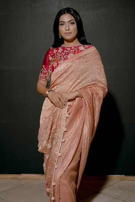 Shinor_Peach Organza, Silk Pearls, Cut Work, Tissue Striped Saree With Floral Blouse _Online_at_Aza_Fashions