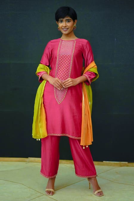 Shinor_Magenta Chanderi, Silk Cut Work, Cutdana Placket Kurta Set With Ombre Dupatta _Online_at_Aza_Fashions