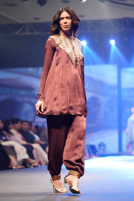 Shinor_Brown Crepe Embroidery Mandarin Danka Embellished Pleated Top And Harem Pant Set _Online_at_Aza_Fashions
