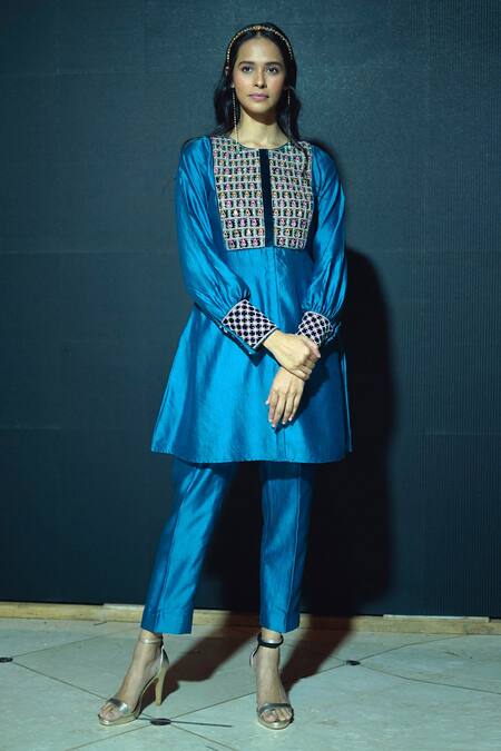 Buy_Shinor_Blue Silk Mirrors, Embroidery, Pearls Round Neck Mirrorwork Yoke Top And Pant Set _Online_at_Aza_Fashions