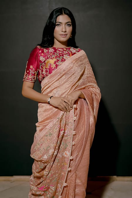 Shinor_Peach Organza, Silk Pearls, Cut Work, Tissue Striped Saree With Floral Blouse _at_Aza_Fashions