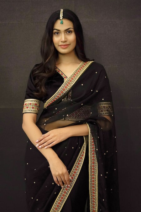 Shop_Shinor_Black Velvet, Silk Organza Pearls, Embroidery V-neck Butti Saree And Blouse _Online_at_Aza_Fashions
