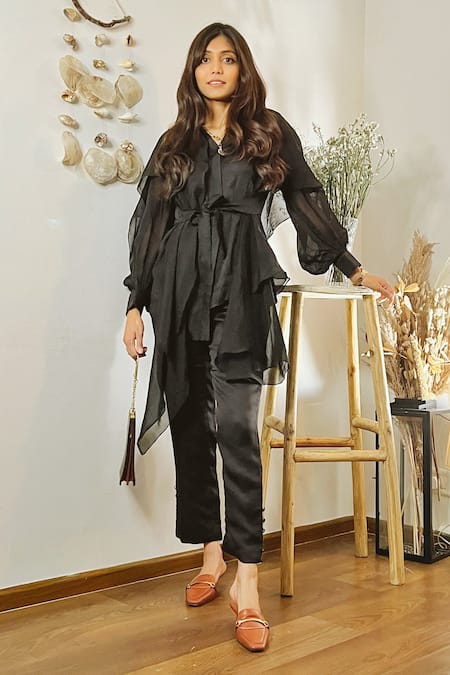 Buy_Garima Bindal_Black Silk, Modal Collared Solid Tie-up Shirt Straight Pant Set _Online_at_Aza_Fashions