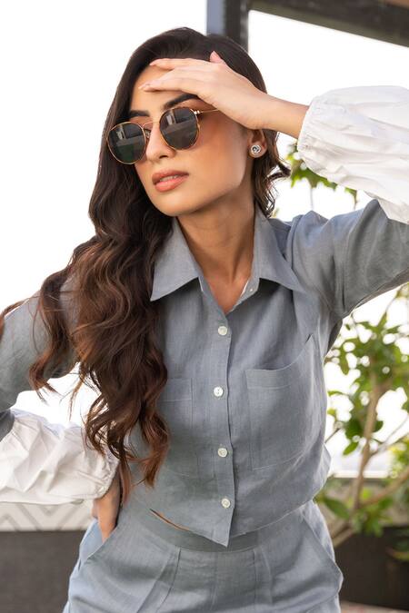 B'Infinite_Grey Linen Shawl Neck Cropped Shirt And Pant Set _at_Aza_Fashions