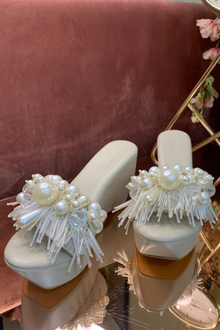Buy_The Episode_Cream Pearls Fragile Forest Embellished Wedges _Online_at_Aza_Fashions