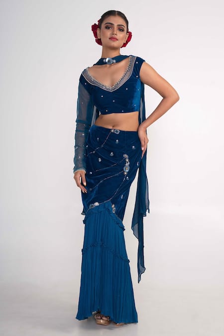 Merge Design_Blue Velvet, Chiffon Pearls, Sequins, Stones Embroidered Fish Cut Lehenga Set _Online_at_Aza_Fashions