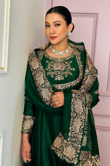 Shop Pink City By Sarika Emerald Green Organza, Silk, Chanderi Embellished Lotus Anarkali Pant Set Online at Aza Fashions Shop_Pink City By Sarika_Emerald Green Organza, Silk, Chanderi Embellished Lotus Anarkali Pant Set _Online_at_Aza_Fashions