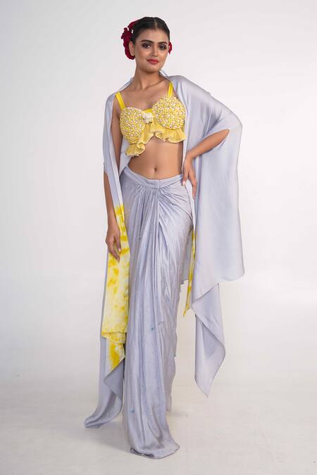Merge Design_Yellow Chiffon, Modal, Satin Pearls Sweetheart Neck, Ice Blue Tie Dye Dhoti Set _Online_at_Aza_Fashions