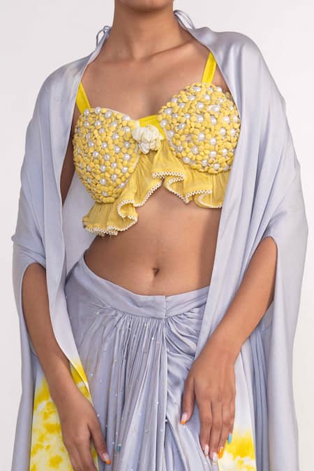 Buy_Merge Design_Yellow Chiffon, Modal, Satin Pearls Sweetheart Neck, Ice Blue Tie Dye Dhoti Set _Online_at_Aza_Fashions