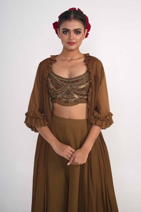Buy_Merge Design_Brown Chiffon, Crepe, Georgette Beads, Cut Work, Pleated Shrug And Flared Pant Set _Online_at_Aza_Fashions