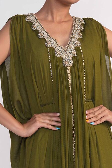 Merge Design_Green Chiffon, Crepe Embroidery V-neck Neckline Draped Gown _Online_at_Aza_Fashions