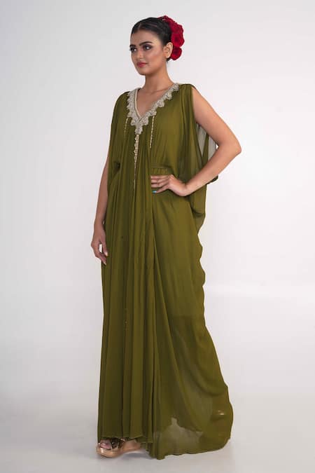 Buy_Merge Design_Green Chiffon, Crepe Embroidery V-neck Neckline Draped Gown _Online_at_Aza_Fashions