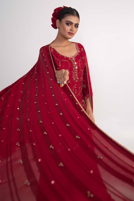 Buy_Merge Design_Maroon Modal, Satin, Organza Mirrors, Pearls, Stones Embroidered Kurta Pant Set _Online_at_Aza_Fashions