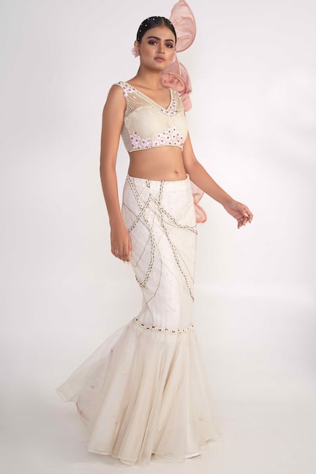 Merge Design_Ivory Net, Organza, Chiffon Pearls, Embroidery V-neck Fish Cut Lehenga Set _Online_at_Aza_Fashions