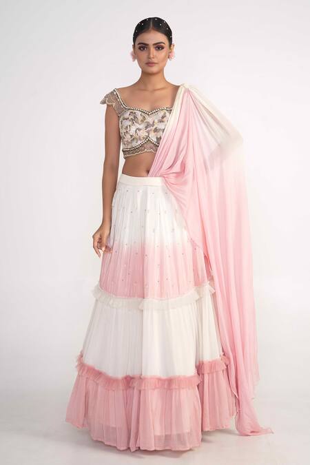 Merge Design_Ivory Net, Modal, Chiffon Sequins, Cut Work Embroidered Blouse Lehenga Set _Online_at_Aza_Fashions