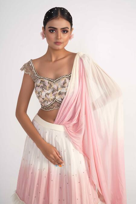 Buy_Merge Design_Ivory Net, Modal, Chiffon Sequins, Cut Work Embroidered Blouse Lehenga Set _Online_at_Aza_Fashions