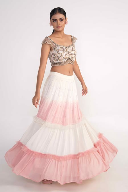 Shop_Merge Design_Ivory Net, Modal, Chiffon Sequins, Cut Work Embroidered Blouse Lehenga Set _Online_at_Aza_Fashions