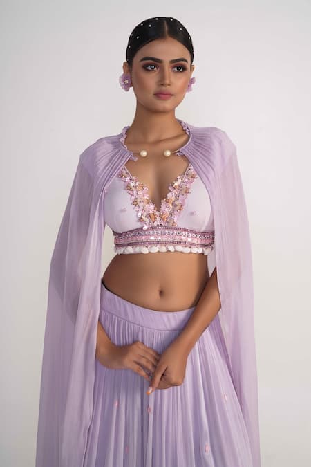 Merge Design_Purple Georgette, Chiffon Pearls, Embroidery Plunge Neck Ring Cape Lehenga Set _Online_at_Aza_Fashions