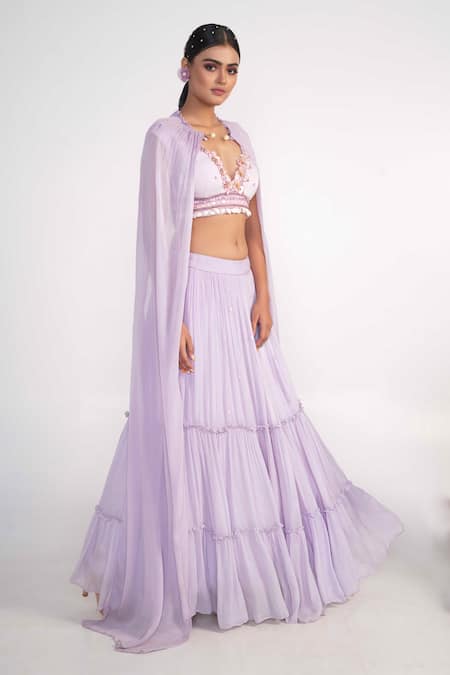 Buy_Merge Design_Purple Georgette, Chiffon Pearls, Embroidery Plunge Neck Ring Cape Lehenga Set _Online_at_Aza_Fashions