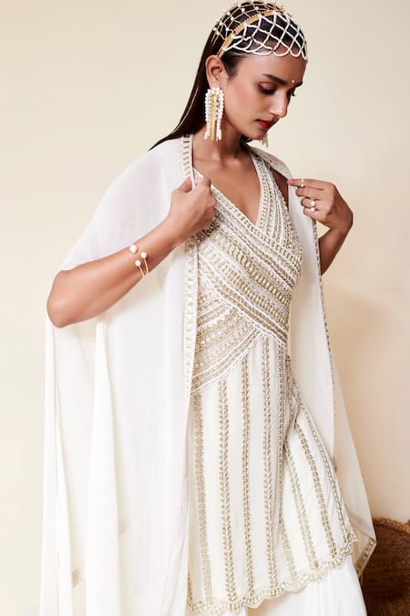 Buy_Reeti Arneja_Ivory Georgette Sequins, Beads V-neck Indu Panel Embroidered Kurta Sharara Set _Online_at_Aza_Fashions