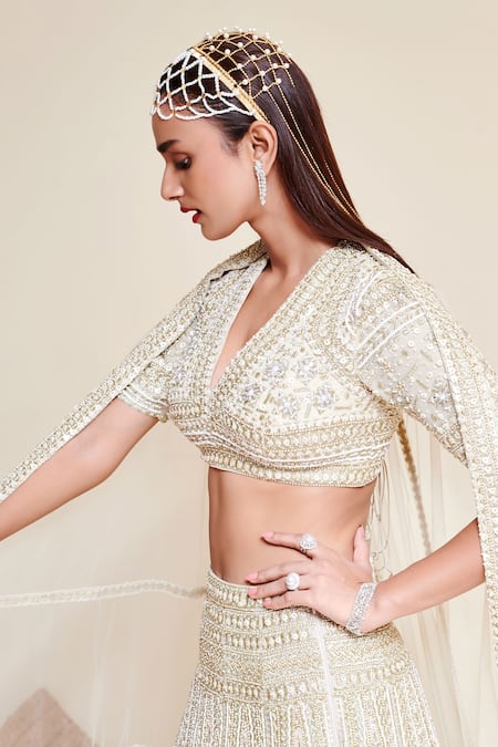 Buy_Reeti Arneja_Ivory Organza, Net Pearls, Beads, Noori Glass Embroidered Bridal Lehenga Set _Online_at_Aza_Fashions