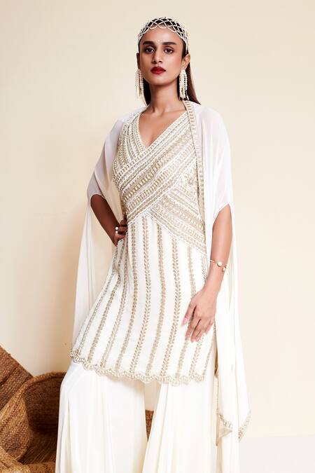 Shop_Reeti Arneja_Ivory Georgette Sequins, Beads V-neck Indu Panel Embroidered Kurta Sharara Set _Online_at_Aza_Fashions
