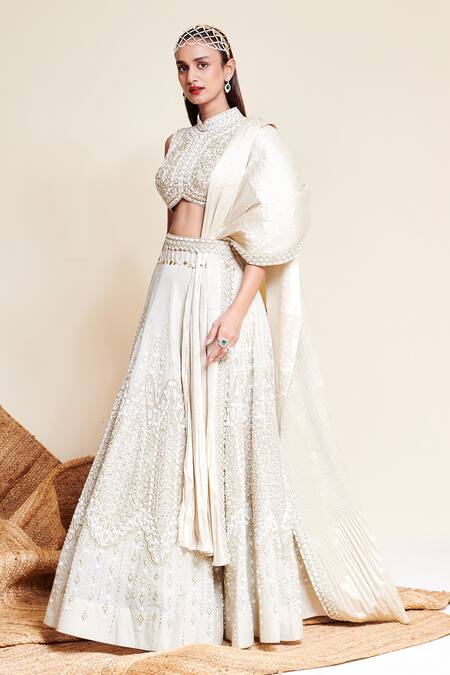 Buy_Reeti Arneja_Ivory Organza, Taffeta Cut Day Dream And Cutdana Embroidered Bridal Lehenga Set _Online_at_Aza_Fashions