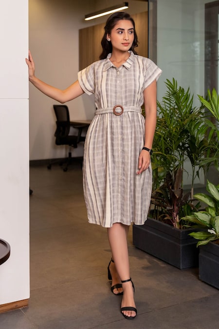 Buy Grey Cotton Striped Pattern Shirt Collar Dress For Women by B'Infinite  Online at Aza Fashions.