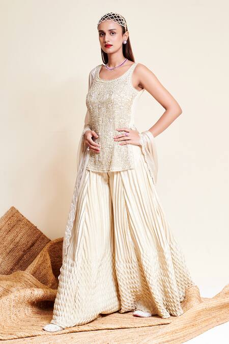 Reeti Arneja_Ivory Gingham, Organza, Taffeta Embroidery Chandni Short Kurta Sharara Set _Online_at_Aza_Fashions