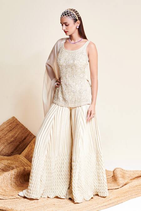 Buy_Reeti Arneja_Ivory Gingham, Organza, Taffeta Embroidery Chandni Short Kurta Sharara Set _Online_at_Aza_Fashions
