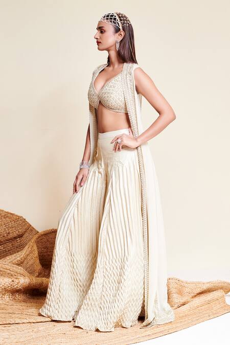 Reeti Arneja_Ivory Georgette Embroidery Plunge , Open Muni Flower Top Sharara Set _Online_at_Aza_Fashions