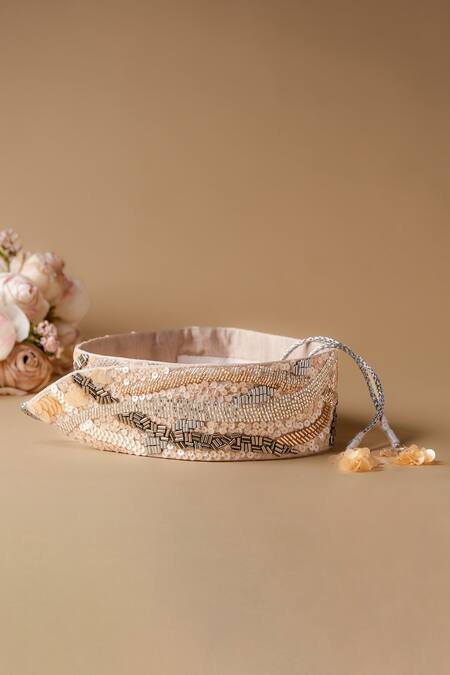 Mehraki_Beige Sequin Wave Embroidered Belt _at_Aza_Fashions