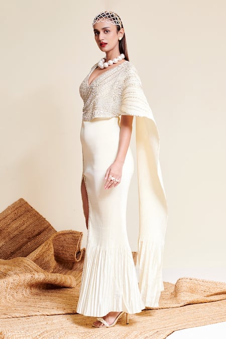 Reeti Arneja_Ivory Georgette Sequins, Beads, Cut Meraki Embroidered Pre-stitched Saree Gown _Online_at_Aza_Fashions