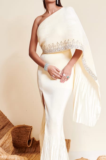 Reeti Arneja_Ivory Taffeta Sequins, Beads Asymmetric Raina Side Slit Embroidered Gown _Online_at_Aza_Fashions